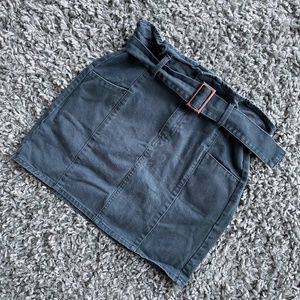 Dark Green Jean Belted Paper-bag Mini Skirt  Darke